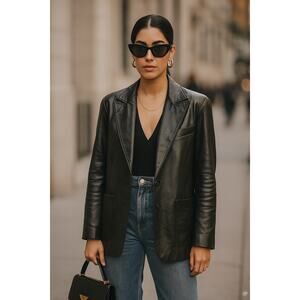 Y2K Express Leather Single Breasted Tailored Black Jacket Size Medium